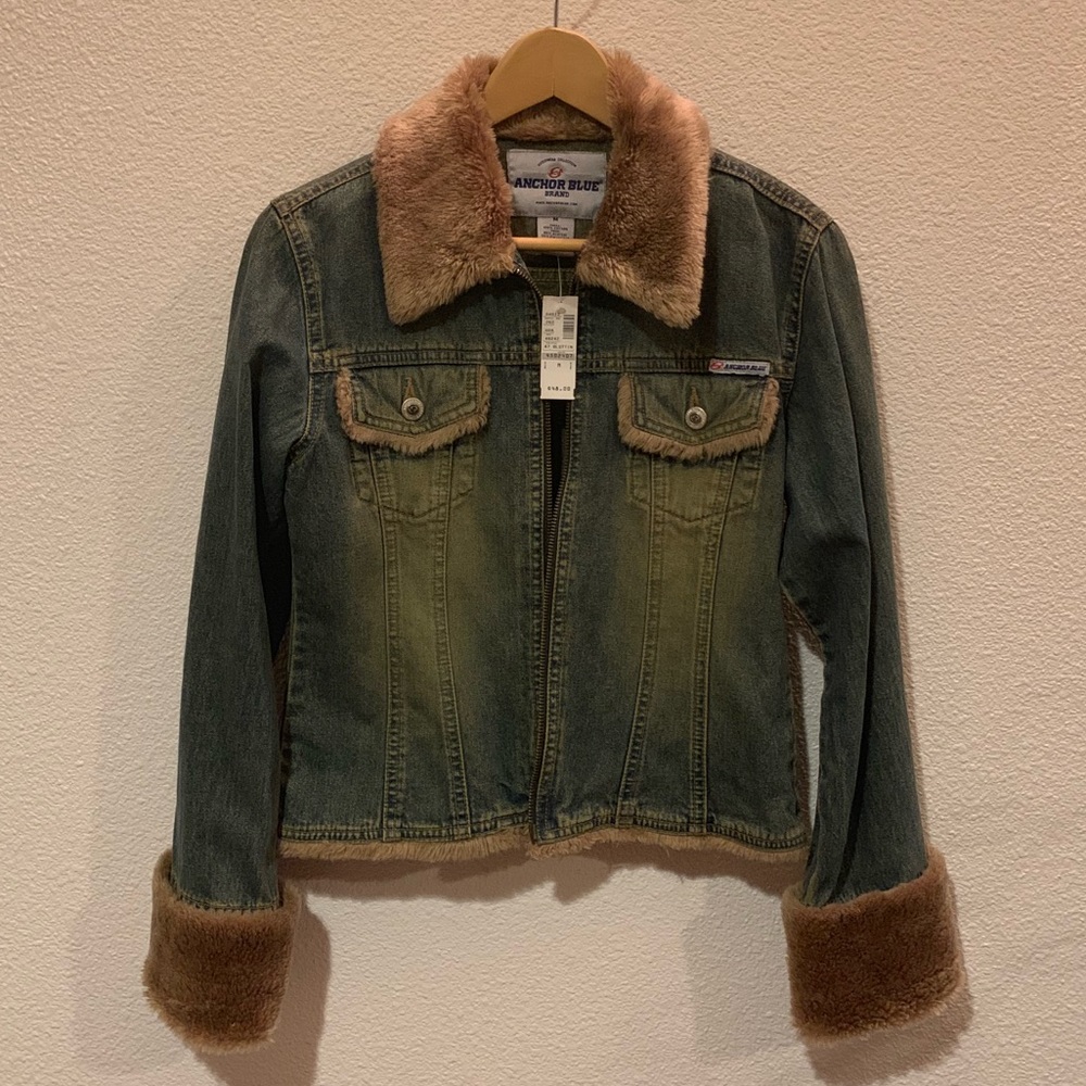 NWT Anchor Blue denim jean jacket faux fur size M